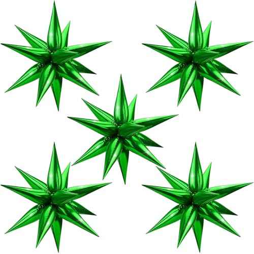 Moukiween 60 PCS Green Star Balloons, 12 Point Cone Explosion Star Foil Balloons for Christmas, Birthday, Wedding, St. Patrick's, Safari Jungle Decorations (Green)