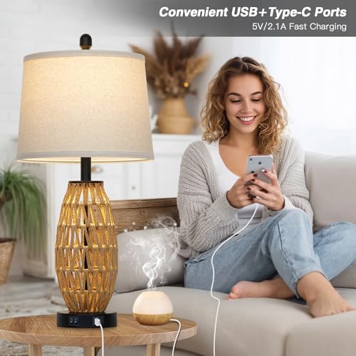 CINSARY 27-Inch Rattan Table Lamps Set of 2 - Boho Bedside & Living Room Decor with USB Charging Ports