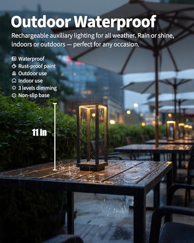 PUSU Cordless Waterproof Table Lamp Set - Matte Black 2 Pack, 11 Inch Outdoor LED Lamps