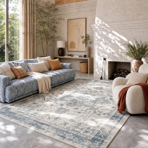 Rugxara 6x9 Blue Grey Washable Area Rug - Boho Vintage Style, Non-Slip Backing, Low-Pile, for Living Room & Bedroom - Rectangle