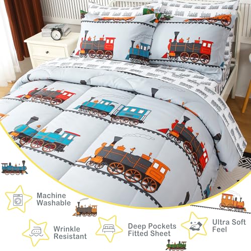 Viviland Kids Twin Bedding Sets with Light Grey Train Pattern, 5 Pieces - Comforter, Sheets & Pillowcase, Twin Size