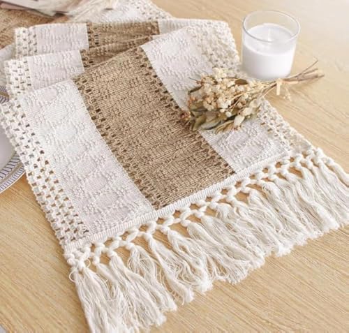 FEXIA Boho Rustic Table Runner 12x90 Inches Brown with Tassels for Fall Home Decor