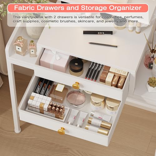 HIGDBFE White Vanity Desk with Mirror & LED Lights, 28.4"W Small Makeup Station