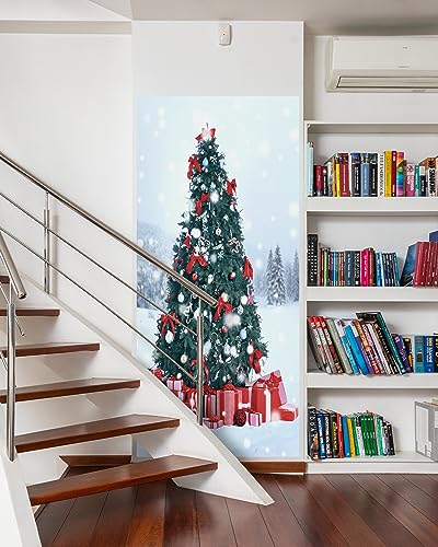 FLFK Peel and Stick Christmas Door Mural 32x80 Mt293 - Festive Snowy Landscape with Tree & Presents