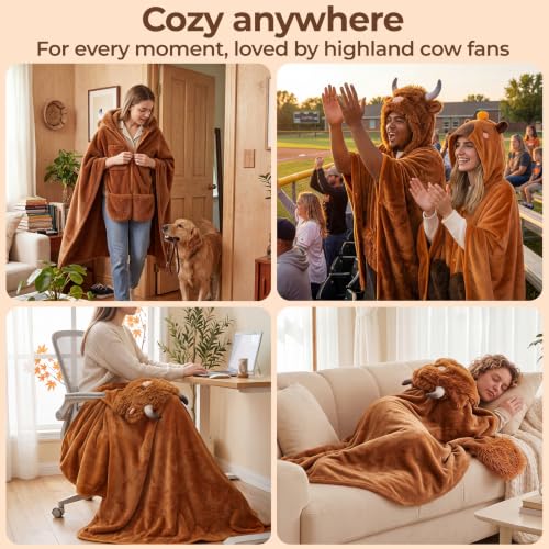 Wearable Highland Cow Blanket Hoodie - Soft Fleece & Sherpa, One Size