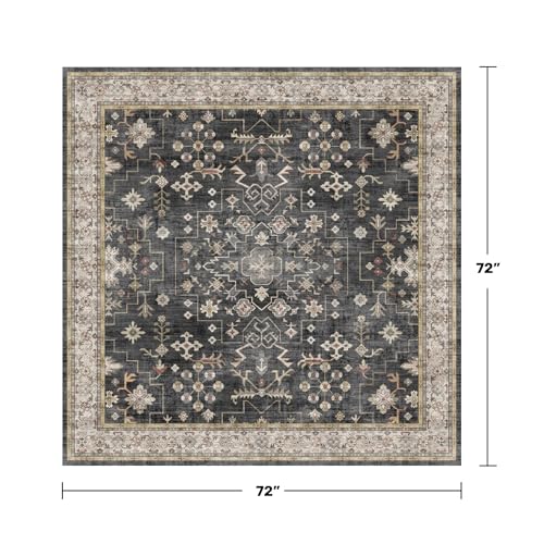 Ashen Multi 6x6 Square Washable Area Rug - Vintage Boho Floral Non-Slip Carpet for Living Room