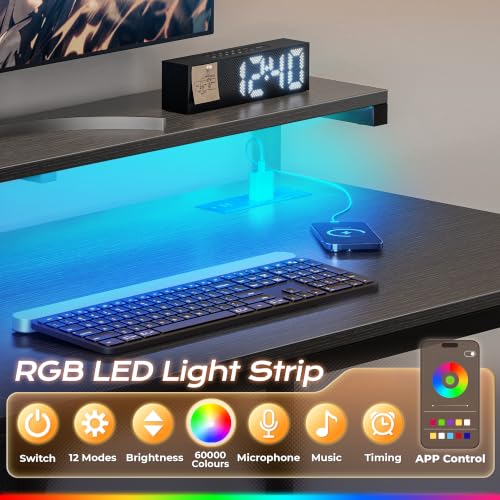 PRAISUN 39.4-Inch Gaming Desk with RGB LED Lights & Power Outlets - Black