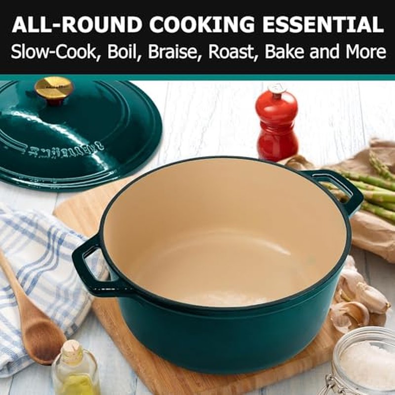 MUELLER HOME 5.5 Quart Enameled Cast Iron Oval Dutch Oven with Rooster Knob & Cotton Potholders, Heavy-Duty Cookware, Oven-Safe up to 500° F & Across All Cooktops, Gifts for Grandma & Women, White