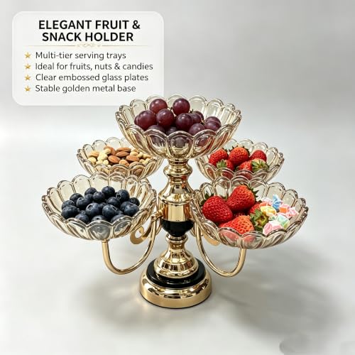 Rotatable 5 Plate Amber Glass Fruit Serving Stand with Gold Metal Frame