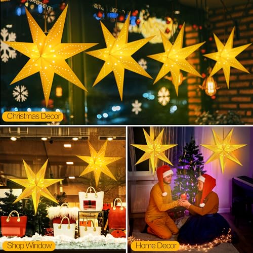 Hiboom 4 Pack 24 Inch Paper Star Lanterns with 8 Mode LED String Lights for Indoor Outdoor Decor, Wedding, Christmas, Party