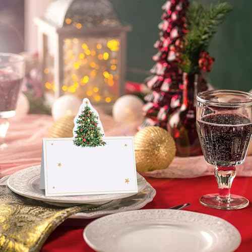 Christmas Place Cards for Table Setting Christmas Tree Die Cut Place Cards Party Name Cards for Table Holiday Dinner Brunch or Any Occasion Party Decoration(50pcs)