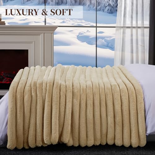 Beige Faux Fur Throw Blanket 80x90 Inches - Thick Plush Warm Cover