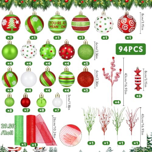 94Pcs Red Green White Christmas Ornament Set with Glitter Berry Stems & Ribbons
