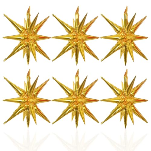 6 Pcs Gold Star Foil Balloons One-Piece 14-Pointed Star Balloon 4D Starburst Cone Mylar Balloon 22inch Christmas Birthday Wedding Wedding Anniversary Party Supplies(Gold)