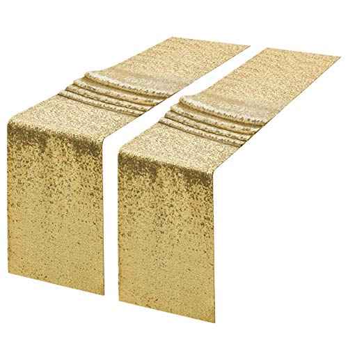 2 Packs 12 x 108 inches Gold Sequin Table Runner, Glitter Gold Table Runner for Wedding Birthday Bachelorette Holiday Party Supplies Decorations Bridal Shower Baby Shower