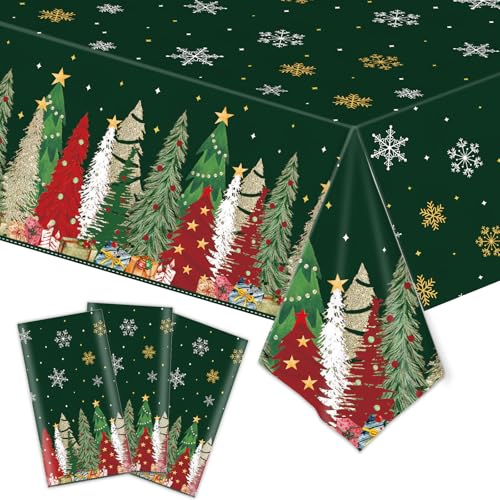 Green 3-Pack 54x108 Inch Christmas Table Covers - Snowflake Tree Trim, Waterproof Plastic Gift Display