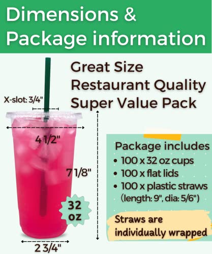 Disposable 32 oz Clear Plastic Cups with Lids & Straws - Party Drinkware Set