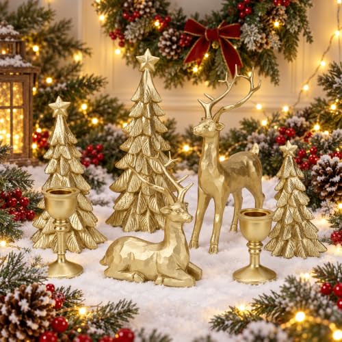 Gold Reindeer Christmas Decor Set (7PCS) – Gold Variation, Decostatue