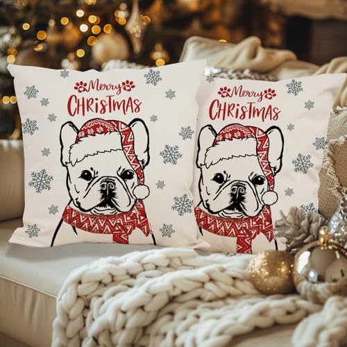 French Bulldog Christmas Pillow Covers 18x18 Inch Set of 2 Holiday Decor