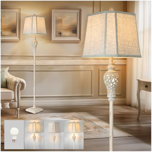 Cream Rustic Floor Lamp with Nightlight - Vintage Standing Lamp for Living Room