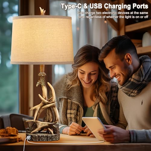 Rustic Deer Antler Table Lamp with USB Ports - 27.25'' Tall Western Country Nightstand Light