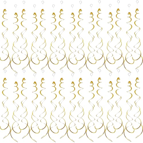 30 Pieces Hanging Swirl Party Decorations Foil Decorations Ceiling Swirl Spiral Hanging Plastic Streamer for Ceiling Birthday Graduation Wedding Celebration Baby Shower Party Supply (Gold)
