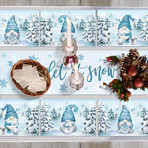 Let It Snow Christmas Table Runner with 6 Placemats Set - 13 x 72 Inch Blue Gnome Snowflake