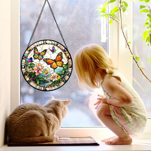DASTOLL 12-Inch Golden Yellow Butterfly and Flowers Stained Glass Window Suncatcher
