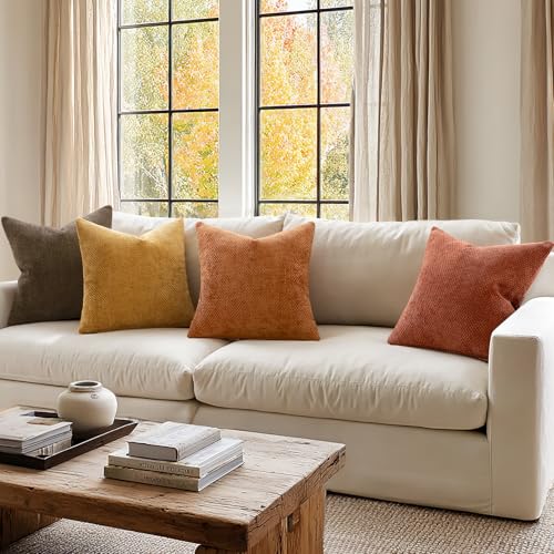 Orange Brown Chenille Fall Pillow Covers 20x20 Set of 4 – Luxurious Soft Decor