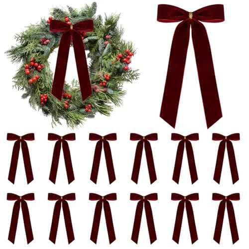 12 Pieces Christmas Velvet Ribbon Bows for Tree Ornament, Rustic Crafts Wreath Bows for Gift Wrapping, Staircase, Stocking, Xmas Home Decor, 6.3 x 10 Inches (12, Wine Red)