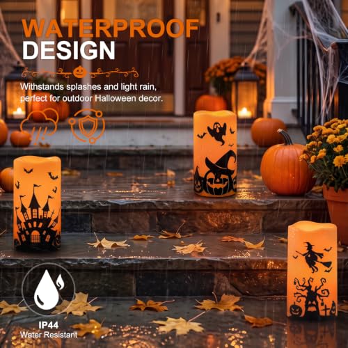 Homemory Halloween Waterproof Flameless LED Pillar Candle with Timer Remote – Castles, Witches, Pumpkins