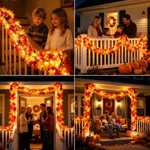 9FT Fall Garland with Lights & Large Maple Leaves - Autumn Decor, Connectable, UL Certified, Indoor & Outdoor Halloween Thanksgiving - Variation of 2