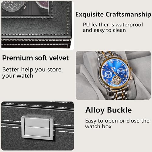 BEWISHOME Black & Gray 20-Slot Watch Organizer with Glass Lid