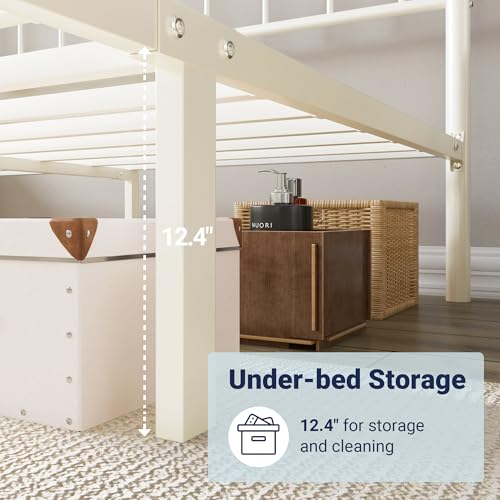 Allewie Twin Size Cream Metal Platform Bed Frame with Headboard - Victorian Style