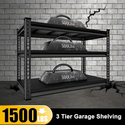 48-Inch Heavy Duty Garage Shelving Unit - 1500LBS Capacity, 3-Tier Metal Storage Rack, Adjustable Black Industrial Shelves (SDXYSTCE)