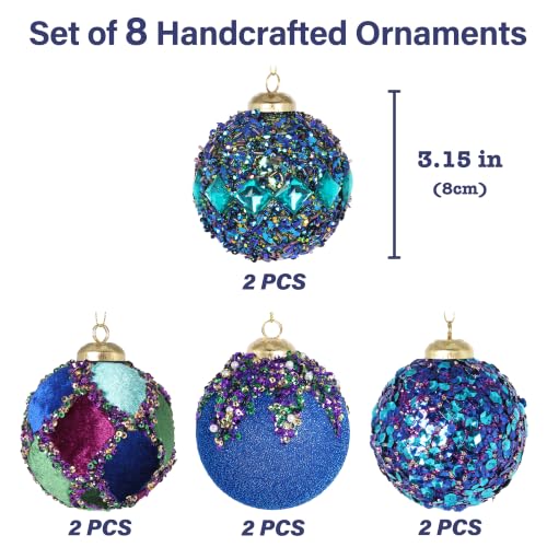 Midnight Mosaic 8-Pack 3.15" Christmas Tree Ornaments – Handcrafted Klein Blue with Velvet, Sequins & Pearls (Variation: Midnight Mosaic / 8)