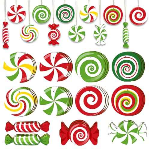 33pcs Peppermint Candy Christmas Tree Ornaments - Colorful Wooden Candy Cane Lollipop Hanging Ornaments Pendants for Xmas Tree New Year Holiday Home Party Decorations Indoor
