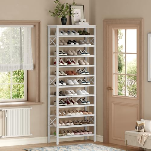 Tall Wooden Shoe Rack Organizer - 12 Tiers, White, 27.8 x 11 x 81.3 inches