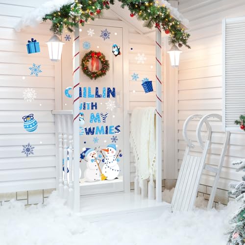 Winter Snowmen Door Sticker Set - 2 PVC Wall Decals 35.4 x 11.8 in, Blue Chillin With My Snowmies