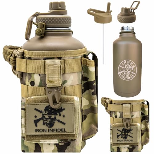 Insulated Water Bottle 64oz - Rugged Camo Battle Bottle with Removable Sleeve & Paracord Handle