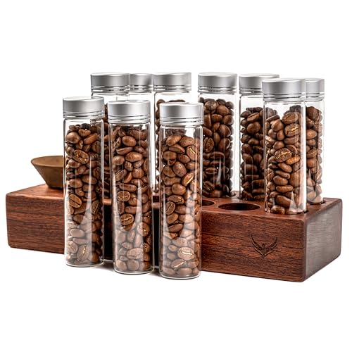 Coffee Bean Storage Tubes Set with Wooden Stand & Funnel - Airtight Glass Vials for Espresso & Filter Coffee, 10 Pieces