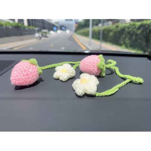 Crochet Strawberry Car Accessories, Handmade Strawberry Car Hanging Ornament, Pink Rearview Mirror Hanging Accessories Cute Hanging Decor for Women and Girls - 2PCS