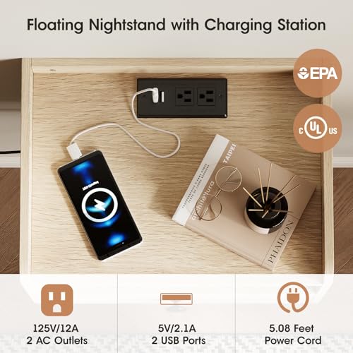 HOSEOKA Natural Floating Nightstand Set of 2 with Drawer & USB Ports