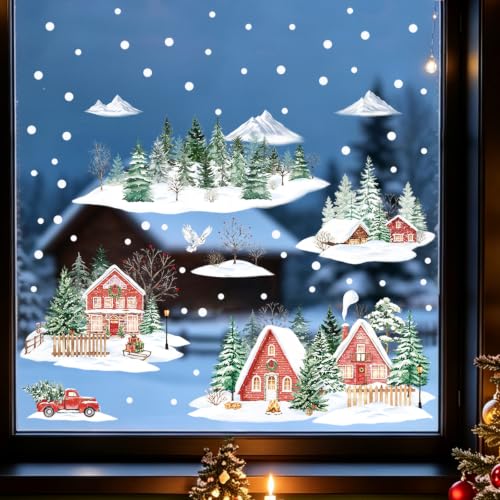 SHUCHING Winter House & Tree Window Cling Sticker - Christmas Holiday Decor, 2 Sheets, Reusable, Waterproof Vinyl, for Glass & Windows