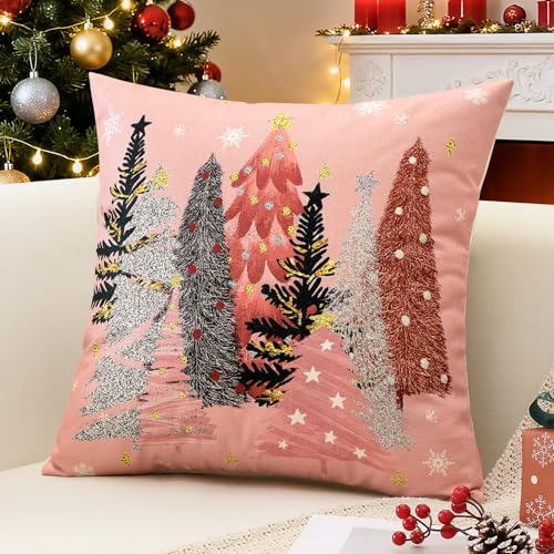 OTOSTAR Pink 20x20 Inch Christmas Pillow Cover - Tree & Snowflake Holiday Cushion Case