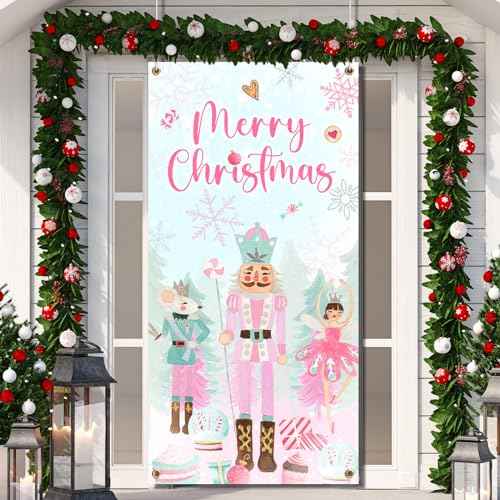 Pink Nut-cracker Christmas Door Cover Decoration, Merry Christmas Supplies, Nut-cracker Door Hanging Backdrop for 2023 Winter Xmas Decoration