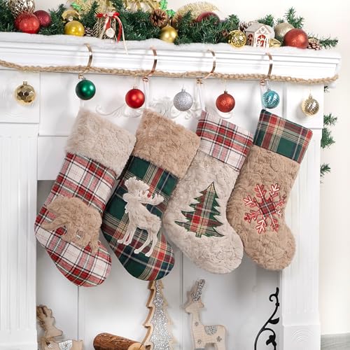 LUBOT 4 Pack Christmas Stockings 20" Red Green Plaid Plush Rustic Farmhouse Decor