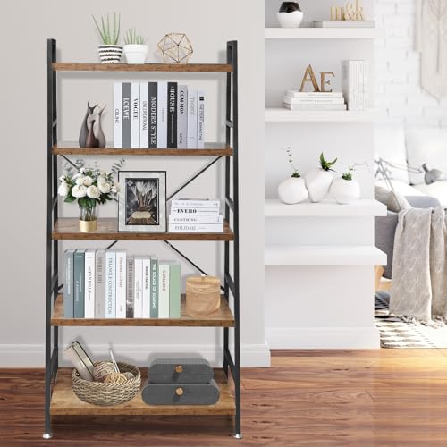 5 Tier Ladder Bookshelf - Rustic Brown Wood & Metal Industrial Storage