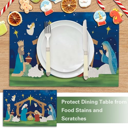Croar Christmas Nativity Scene Placemats Set of 4 - Religious Holiday Table Decor, 12''x18''