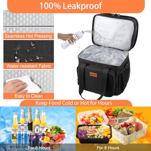 GLENKEY Large Black Expandable Insulated Leakproof Lunch Bag for Work & Outdoors - 16L